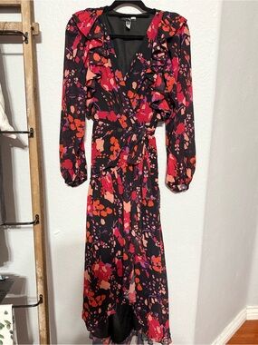 Slate & Willow Black Asymmetrical Wrap Dress with Red & Pink Floral